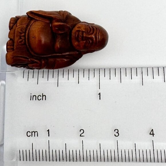 Ojime Bead Netsuke HandCarved Hotei Buddha Holding upHand Boxwood Signed No Hole - Picture 4 of 8